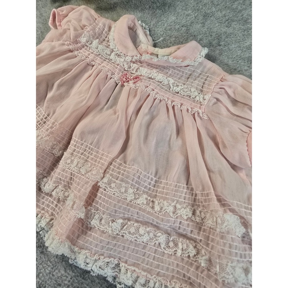 Vintage Nannette Pink Sheer Lace Pintuck Baby Dress Made in USA 1960s 0-6m - Picture 3 of 11